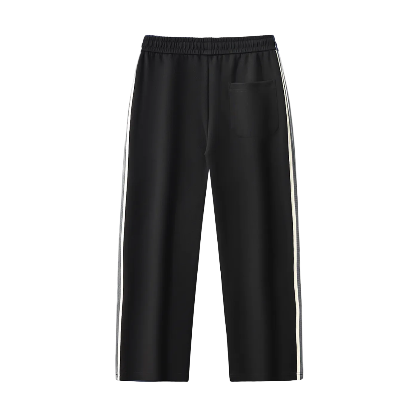 Black athletic pants with white side stripes and back pocket