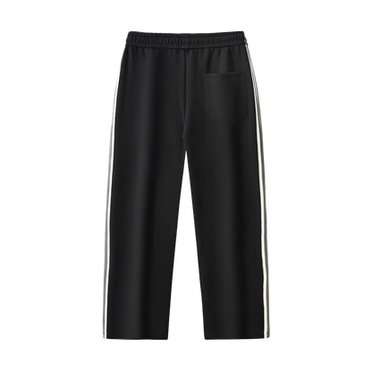 Black athletic pants with white side stripes and back pocket