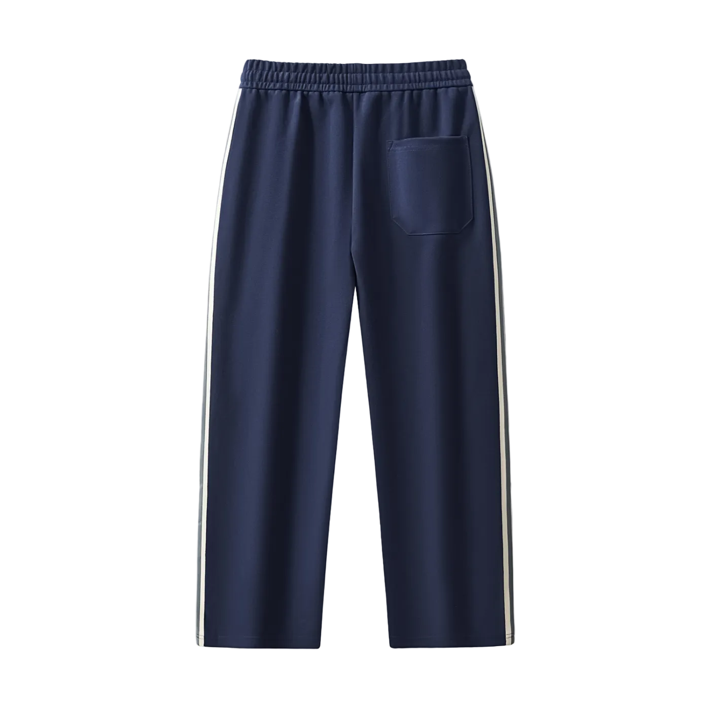 Navy blue jogger pants with side stripes and back pocket