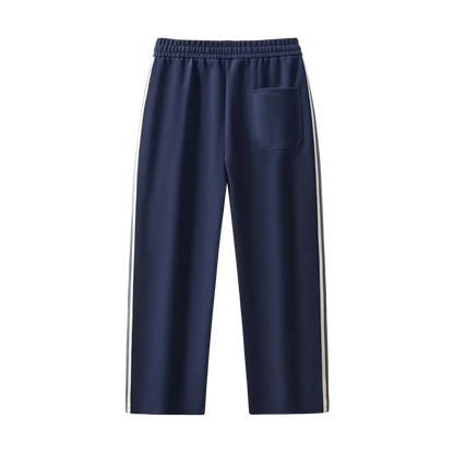 Navy blue jogger pants with side stripes and back pocket